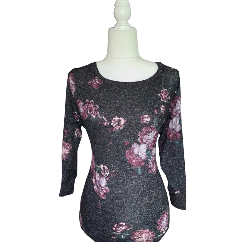 Maurices Charcoal Knit Long Sleeve Tunic Top with Pink Floral Accents Size M